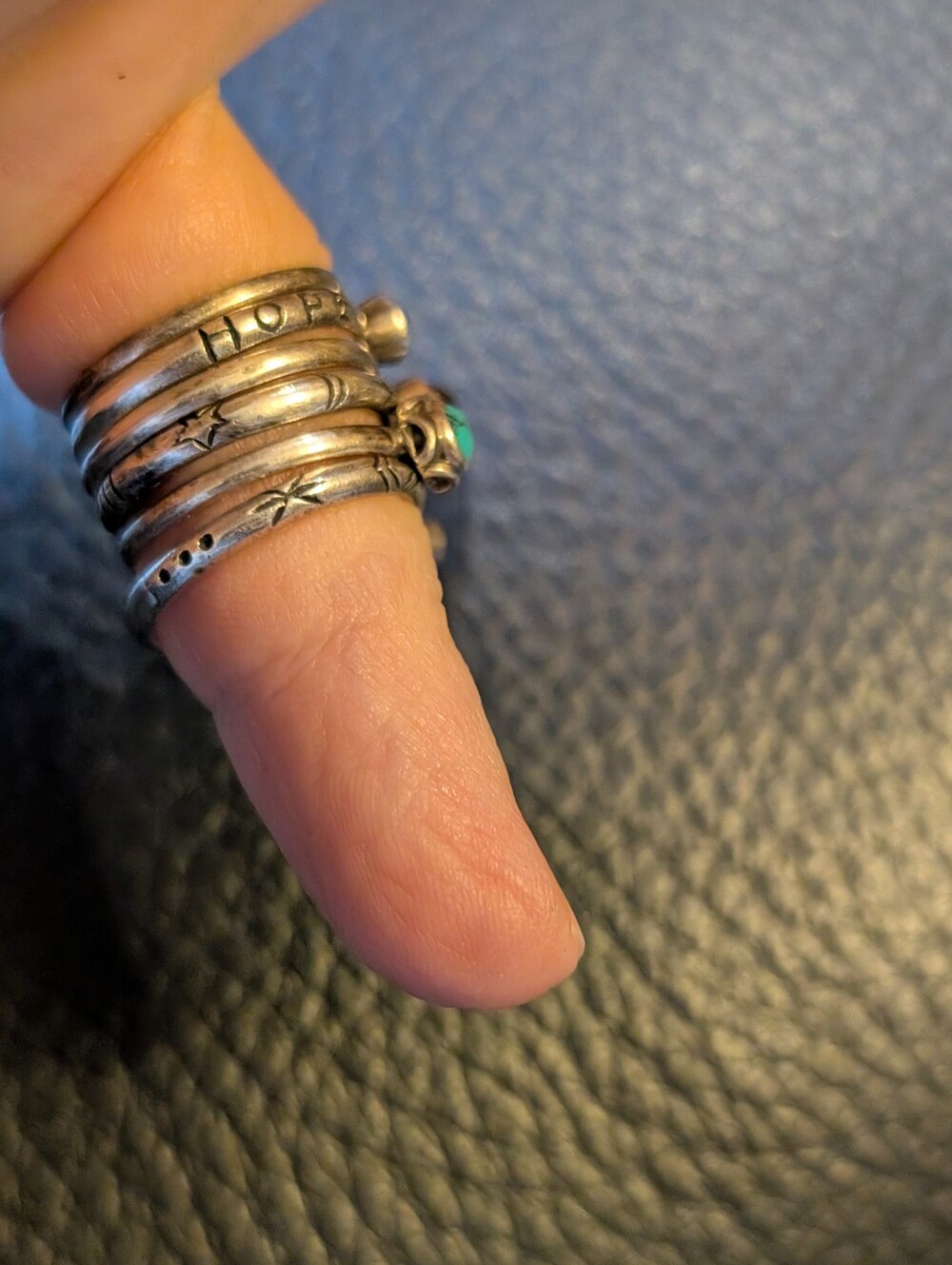 Stackable Silver Rings Set (6)with Turquoise and Red Stones - Picture 3 of 15